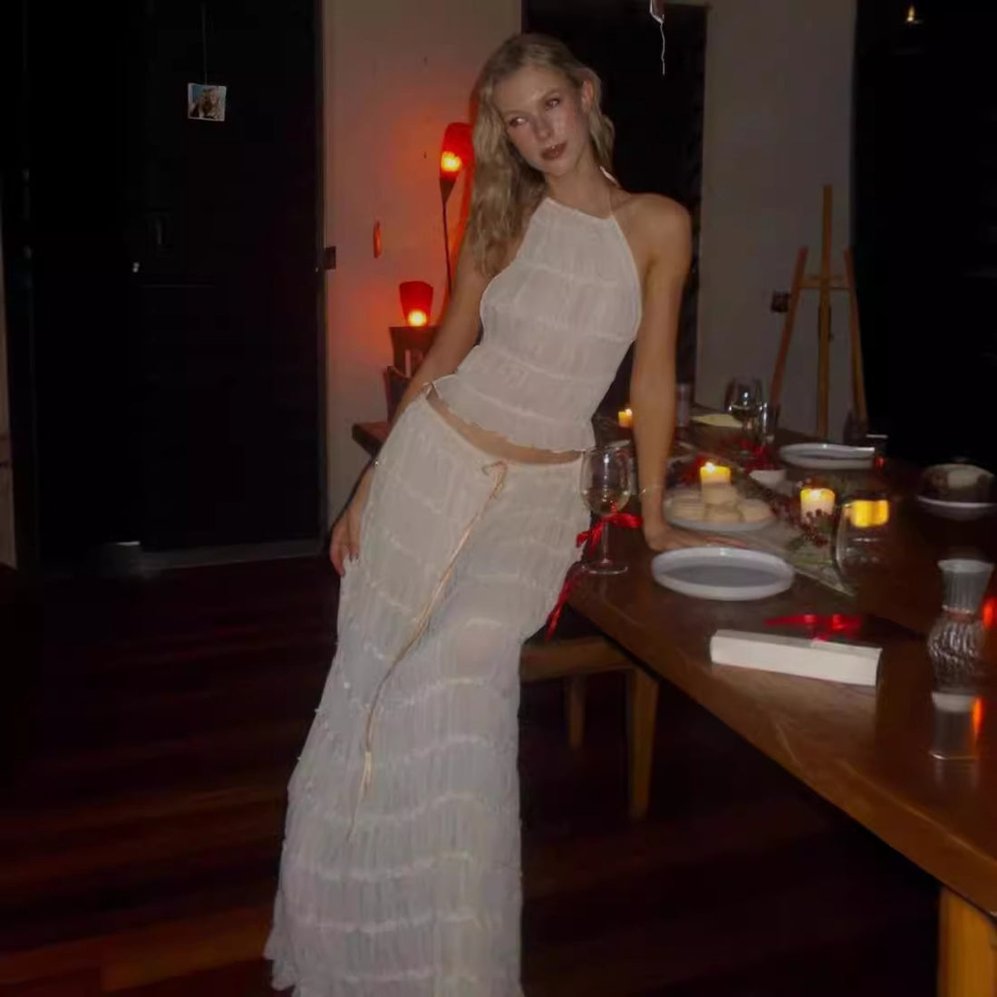 Backless Halter Lace-up Pleated Dress Lace Vest Suit