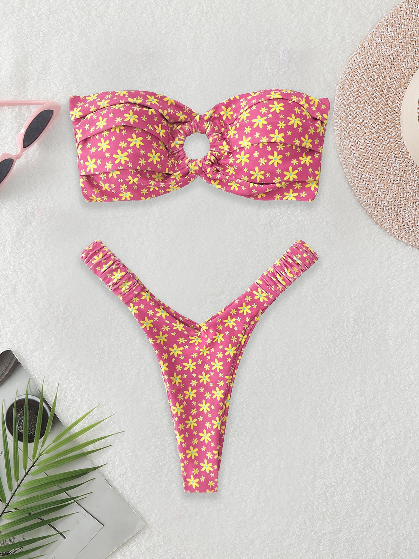 New-style Ring Pleated Digital Printing Split Swimsuit