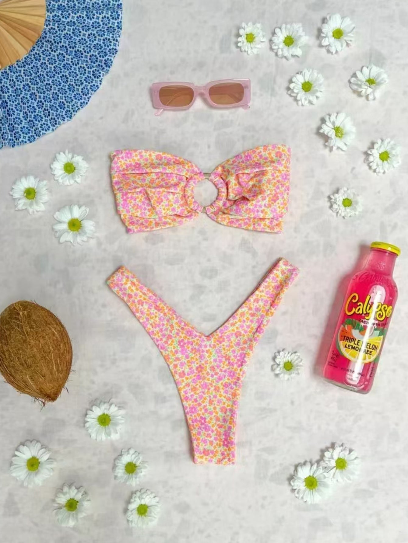 New-style Ring Pleated Digital Printing Split Swimsuit