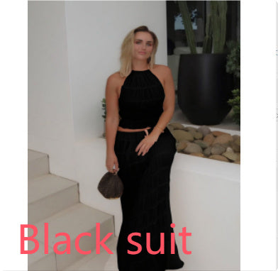Backless Halter Lace-up Pleated Dress Lace Vest Suit