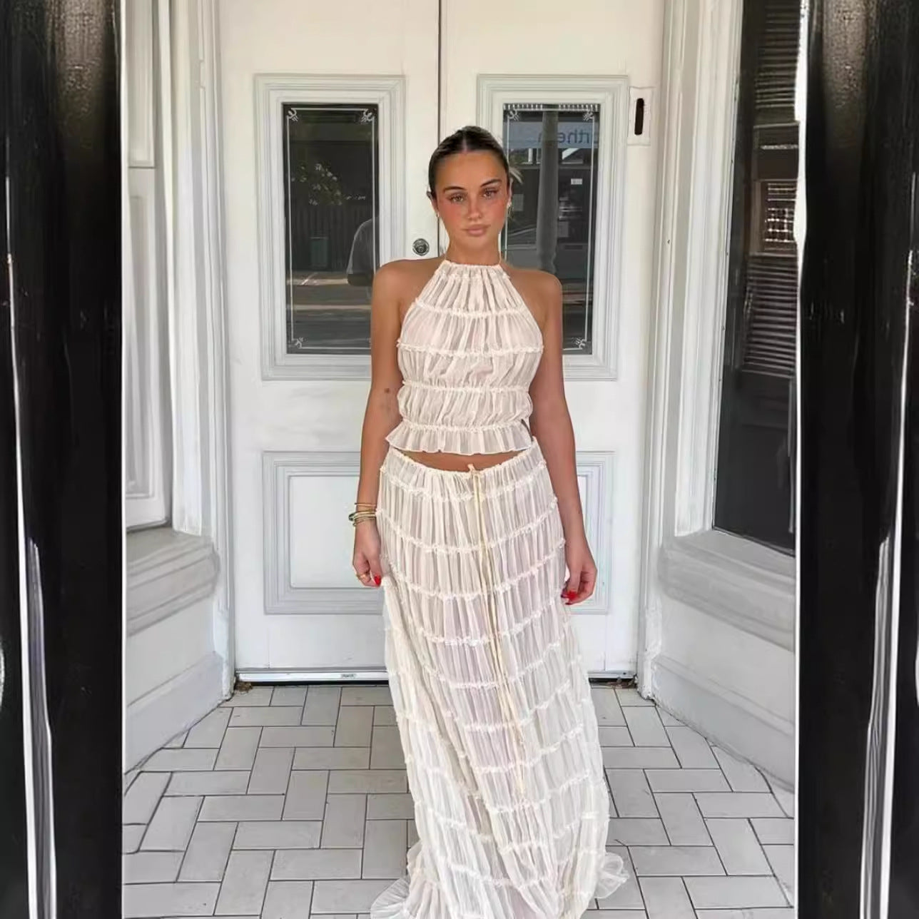 Backless Halter Lace-up Pleated Dress Lace Vest Suit