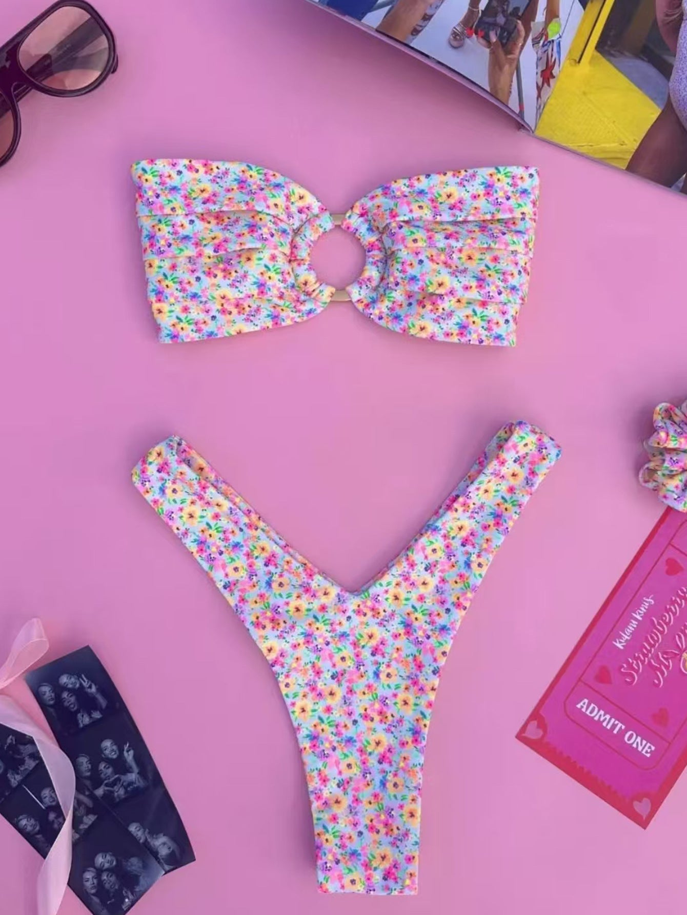 New-style Ring Pleated Digital Printing Split Swimsuit