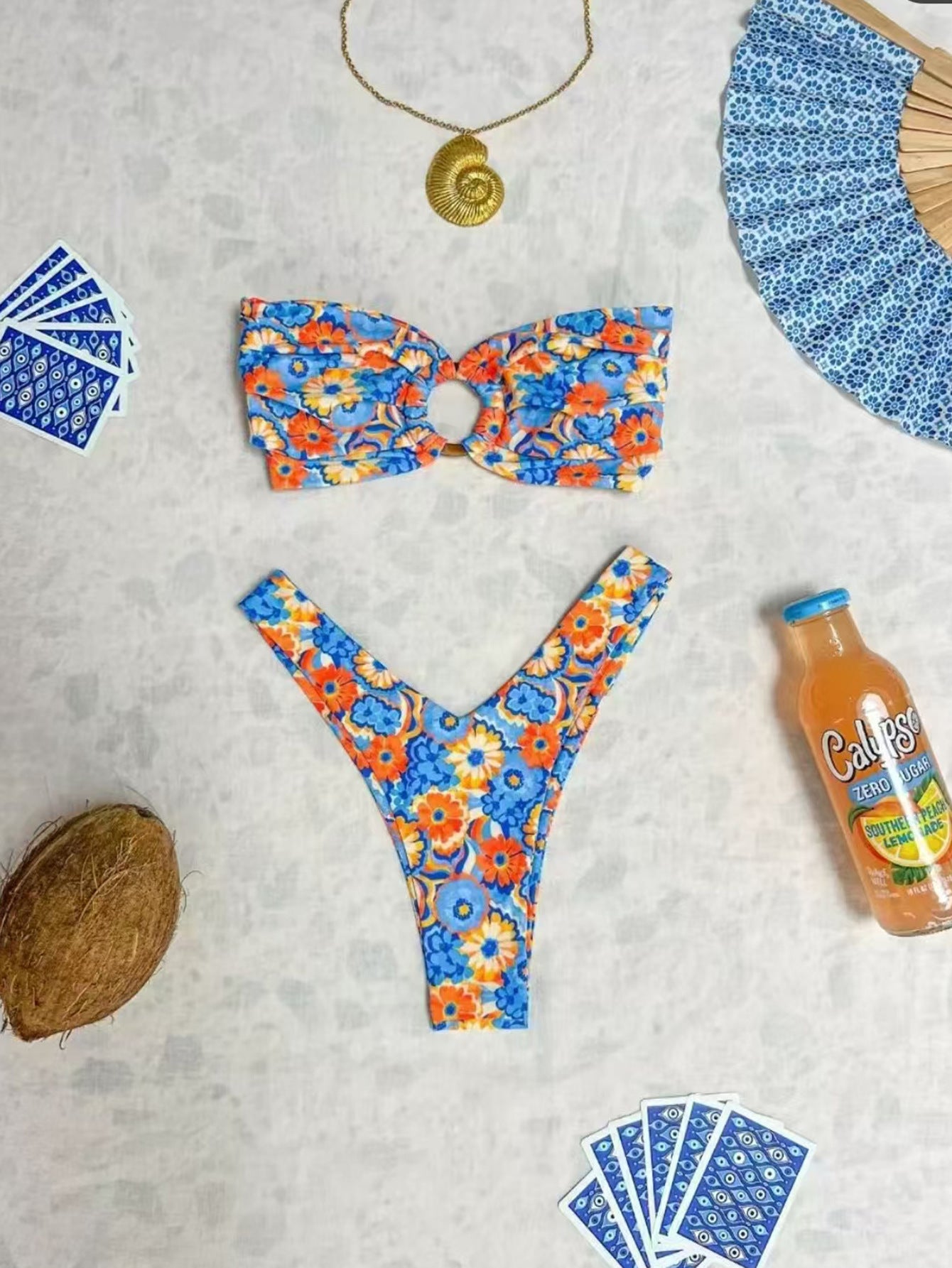 New-style Ring Pleated Digital Printing Split Swimsuit