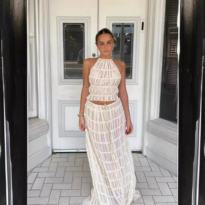 Backless Halter Lace-up Pleated Dress Lace Vest Suit
